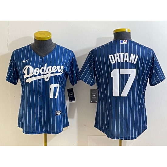 Women's Los Angeles Dodgers #17 Shohei Ohtani Number Red Navy Blue Pinstripe Stitched Cool Base Nike Jersey - Ujersey