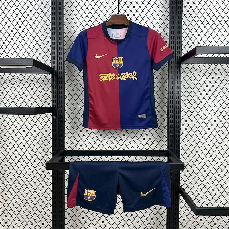 Barcelona Home x Travis Scott Soccer Kids Kit Jersey+Shorts 2024/25 - Ujersey NHL