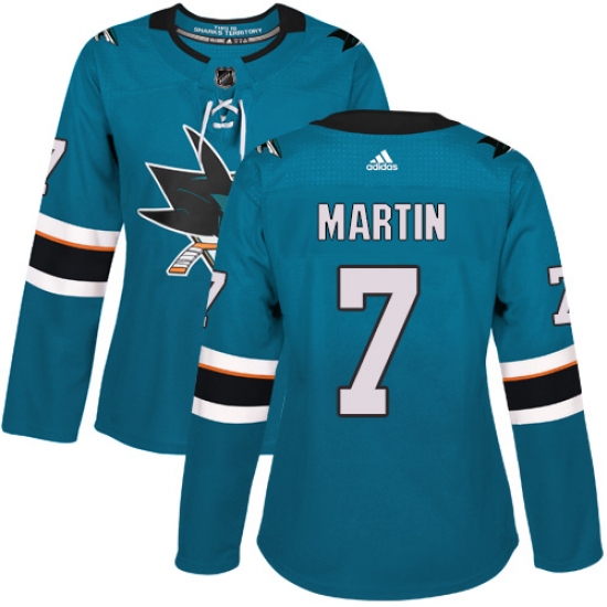 Women's Adidas San Jose Sharks #7 Paul Martin Premier Teal Green Home NHL Jersey - Ujersey