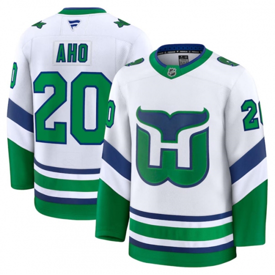 Men's Carolina Hurricanes #20 Sebastian Aho White 2024-25 Throwback Stitched Hockey Jersey - Ujersey