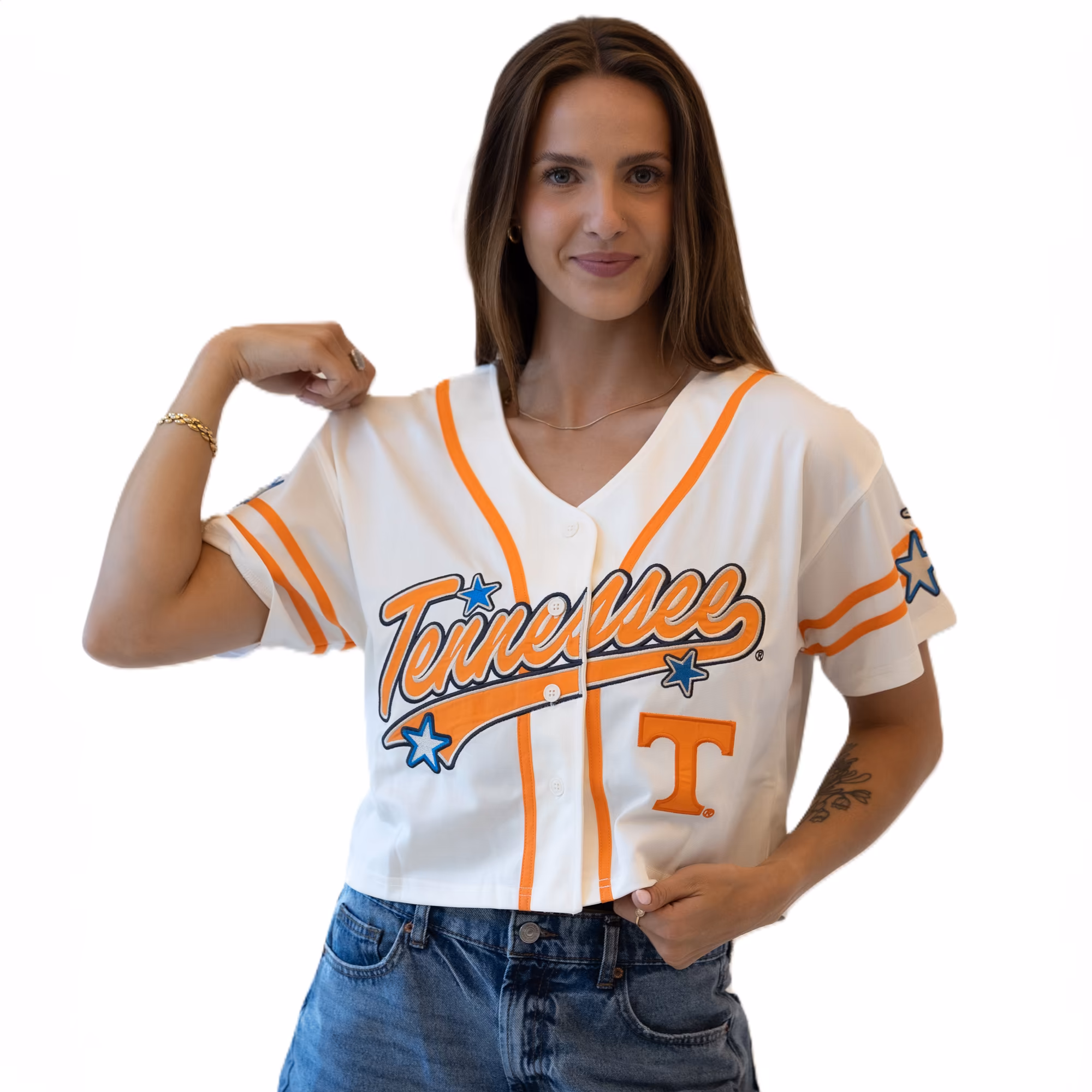 Women's Gameday Social Off White Tennessee Volunteers Cropped Patch Baseball Fashion Jersey