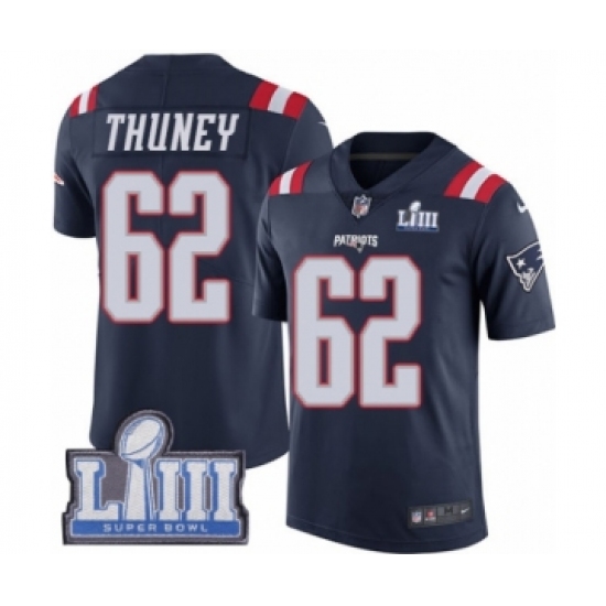 Youth Nike New England Patriots #62 Joe Thuney Limited Navy Blue Rush Vapor Untouchable Super Bowl LIII Bound NFL Jersey - Ujersey