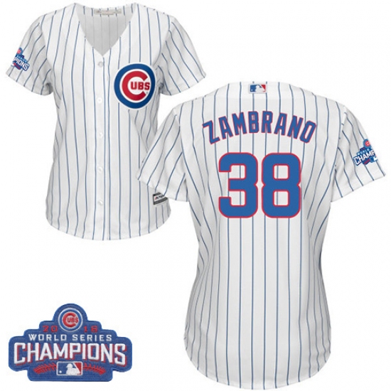 Women's Majestic Chicago Cubs #38 Carlos Zambrano Authentic White Home 2016 World Series Champions Cool Base MLB Jersey - Ujersey