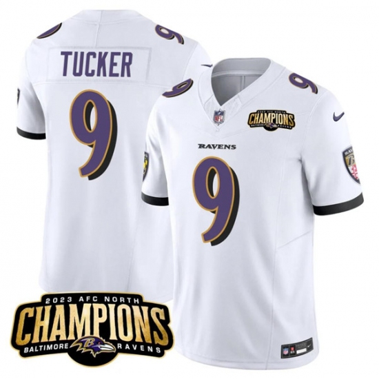Men's Baltimore Ravens #9 Justin Tucker White 2023 F.U.S.E. AFC North Champions Vapor Limited Football Stitched Jersey - Ujersey