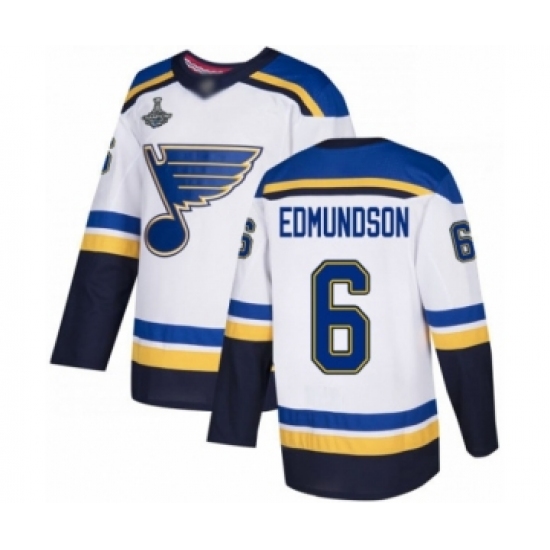 Men's St. Louis Blues #6 Joel Edmundson Authentic White Away 2019 Stanley Cup Champions Hockey Jersey - Ujersey