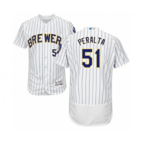 Men's Milwaukee Brewers #51 Freddy Peralta White Home Flex Base Authentic Collection Baseball Player Jersey - Ujersey