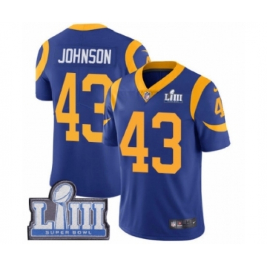 Men's Nike Los Angeles Rams #43 John Johnson Royal Blue Alternate Vapor Untouchable Limited Player Super Bowl LIII Bound NFL Jersey - Ujersey