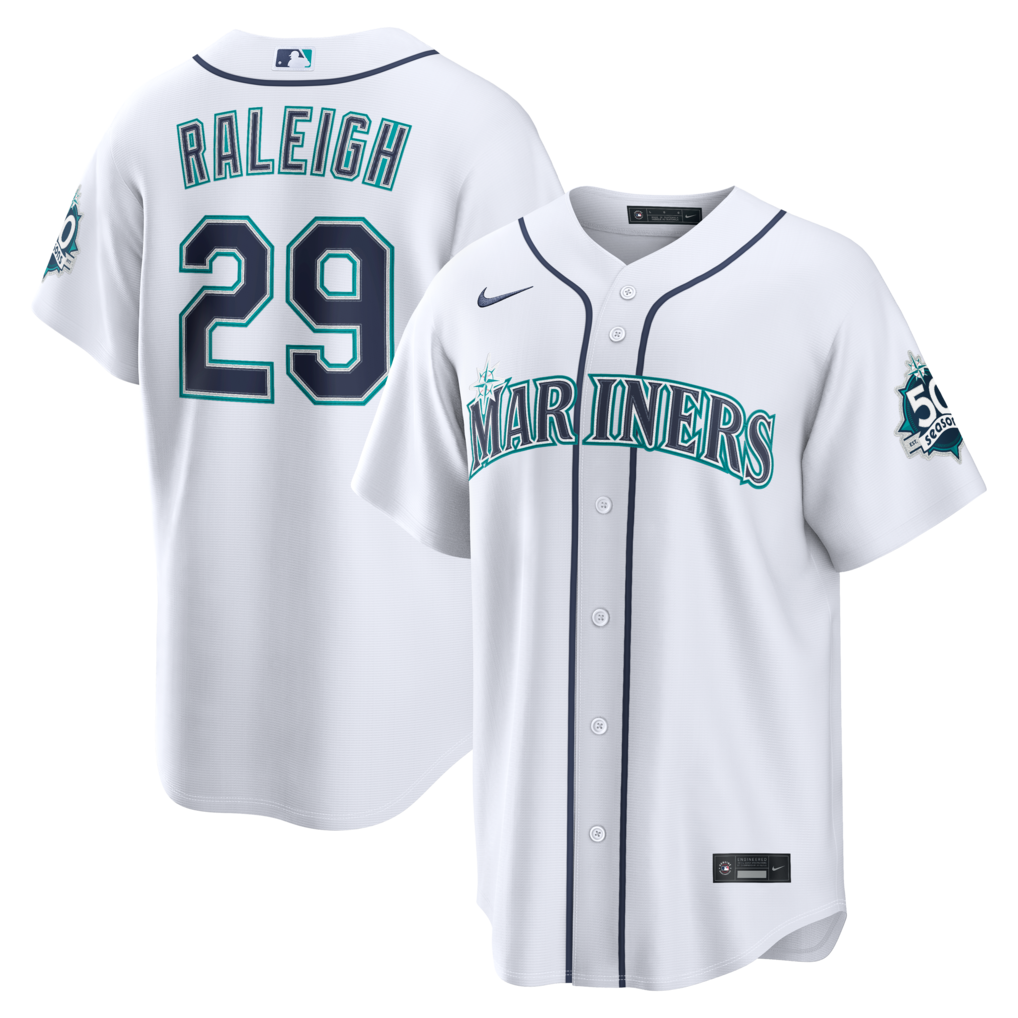 Men's Seattle Mariners Cal Raleigh Nike White Home Stadium 50th Season Patch Jersey - Ujersey