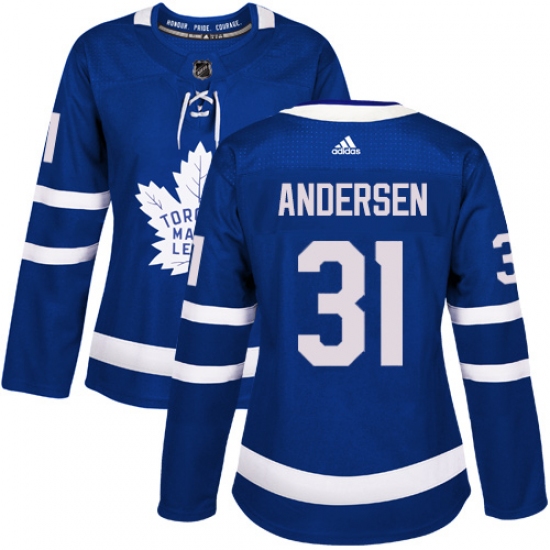 Women's Adidas Toronto Maple Leafs #31 Frederik Andersen Authentic Royal Blue Home NHL Jersey - Ujersey