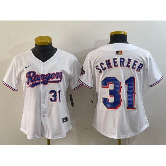 Women's Texas Rangers #31 Max Scherzer Number White 2024 Gold Collection Limited Cool Base Jerseys - Ujersey