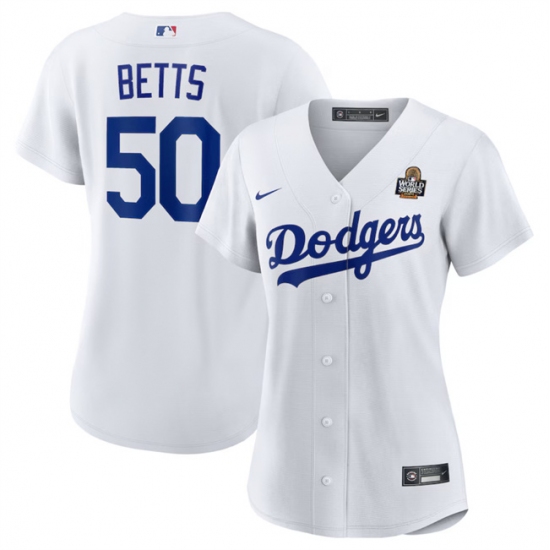Women's Los Angeles Dodgers #50 Mookie Betts White 2024 World Series Cool Base Stitched Baseball Jersey(Run Small) - Ujersey