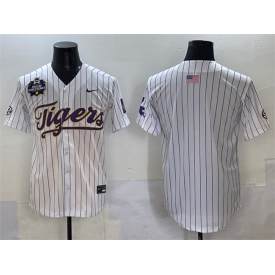 Men's LSU Tigers Blank White Pinstripe 2025 World Series & SEC Patch Stitched Baseball Jersey - Ujersey
