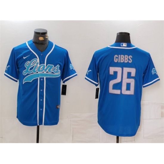 Men's Detroit Lions #26 Jahmyr Gibbs Blue Cool Base Stitched Baseball Jersey - Ujersey