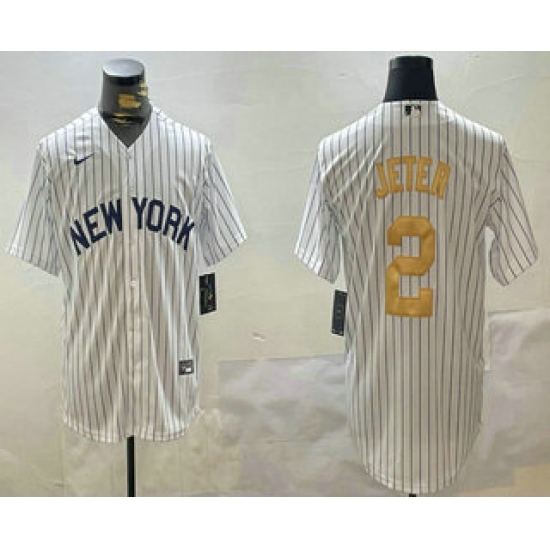 Men's New York Yankees #2 Derek Jeter White Pinstripe Name Fashion Cool Base Jersey - Ujersey