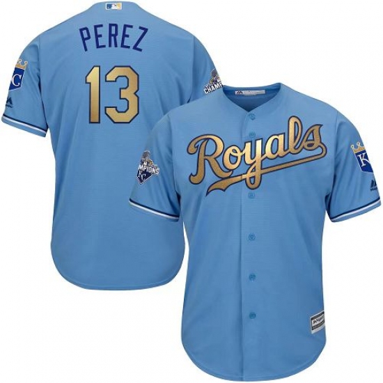Youth Majestic Kansas City Royals #13 Salvador Perez Authentic Light Blue 2015 World Series Champions Gold Program Cool Base MLB Jersey - Ujersey