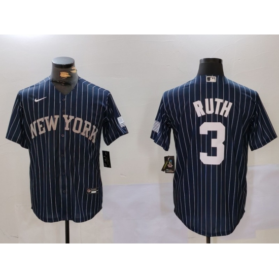 Men's New York Yankees #3 Babe Ruth Navy Pinstripe Fashion Cool Base Jersey - Ujersey