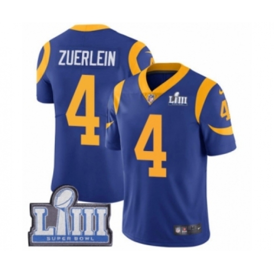 Men's Nike Los Angeles Rams #4 Greg Zuerlein Royal Blue Alternate Vapor Untouchable Limited Player Super Bowl LIII Bound NFL Jersey - Ujersey