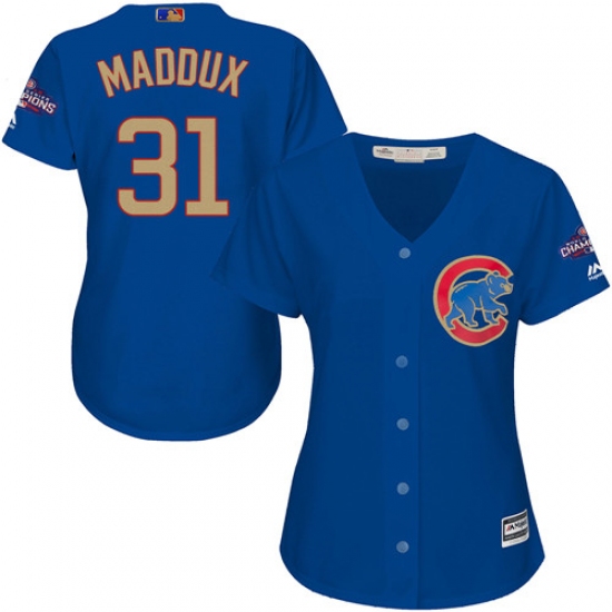 Women's Majestic Chicago Cubs #31 Greg Maddux Authentic Royal Blue 2017 Gold Champion MLB Jersey - Ujersey
