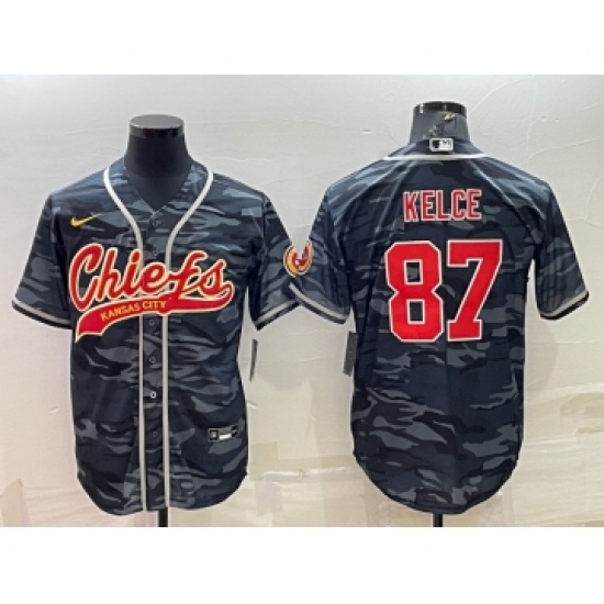 Men's Kansas City Chiefs Blank #87 Travis Kelce Grey Navy Camo With Patch Cool Base Stitched Baseball Jersey - Ujersey