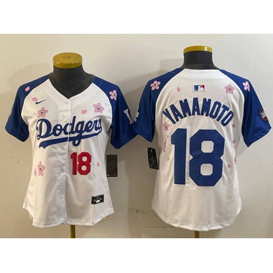 Women's Los Angeles Dodgers #18 Yoshinobu Yamamoto White Royal 2025 Tokyo Series Limited Stitched Baseball Jersey - Ujersey