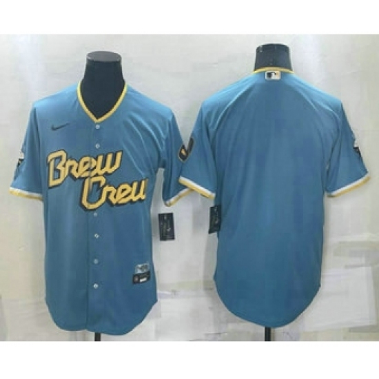 Men's Milwaukee Brewers Blank Blue 2022 City Connect Cool Base Stitched Jersey - Ujersey