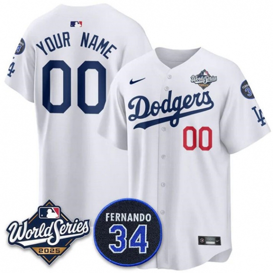 Men's Los Angeles Dodgers ACTIVE PLAYER Custom White 2025 World Series With No. 34 Patch Limited Stitched Jersey - Ujersey