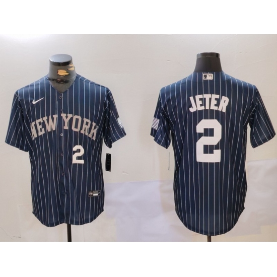 Men's New York Yankees #2 Derek Jeter Navy Pinstripe Fashion Cool Base Jerseys - Ujersey