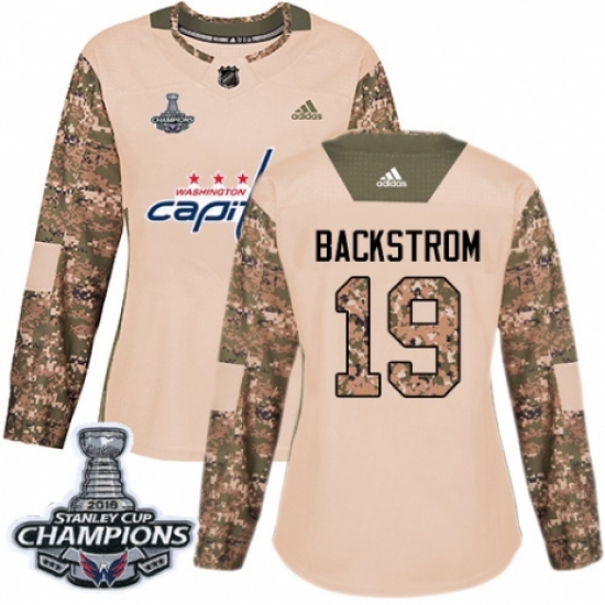 Women's Adidas Washington Capitals #19 Nicklas Backstrom Authentic Camo Veterans Day Practice 2018 Stanley Cup Final Champions NHL Jersey - Ujersey