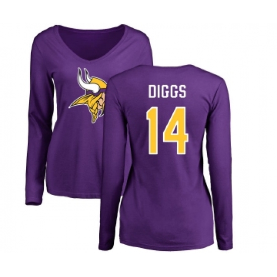 Football Women's Minnesota Vikings #14 Stefon Diggs Purple Name & Number Logo Slim Fit Long Sleeve T-Shirt - Ujersey