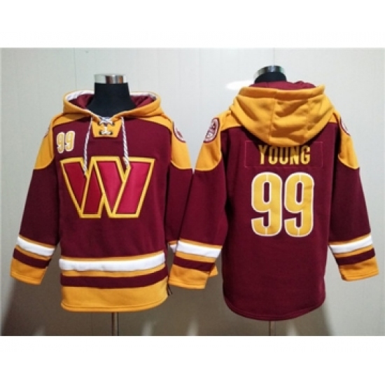 Men's Washington Commanders #99 Chase Young Burgundy Lace-Up Pullover Hoodie - Ujersey