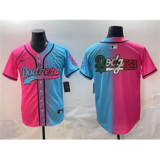 Men's Los Angeles Dodgers Team Big Logo Pink Blue Limited Stitched Baseball Jersey - Ujersey