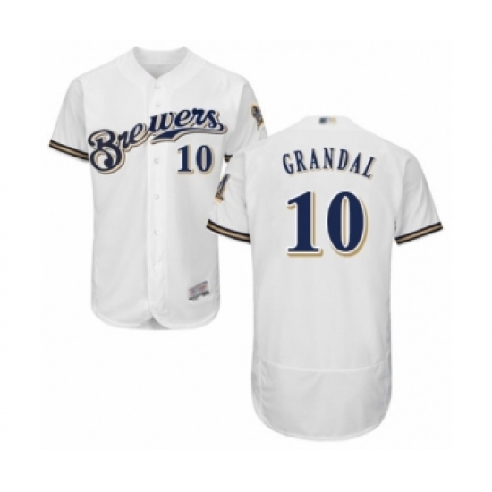 Men's Milwaukee Brewers #10 Yasmani Grandal White Alternate Flex Base Authentic Collection Baseball Jersey - Ujersey