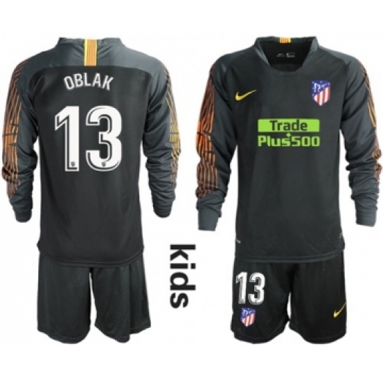 Atletico Madrid #13 Oblak Black Goalkeeper Long Sleeves Kid Soccer Club Jersey