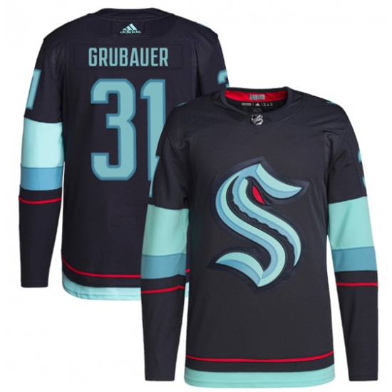 Men's Seattle Kraken #31 Philipp Grubauer Navy Home Stitched Jersey - Ujersey