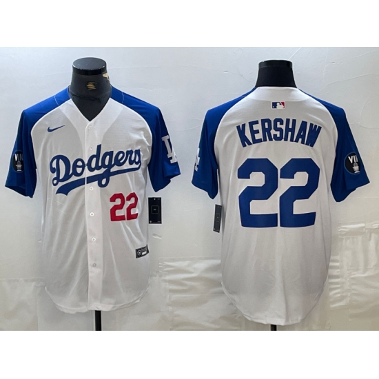 Men's Los Angeles Dodgers #22 Clayton Kershaw Number White Blue Fashion Stitched Cool Base Limited Jersey - ujerseystore
