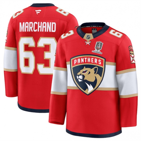 Men's Florida Panthers #63 Brad Marchand Red Home 2025 Stanley Cup Champions Stitched Hockey Jersey - Ujersey