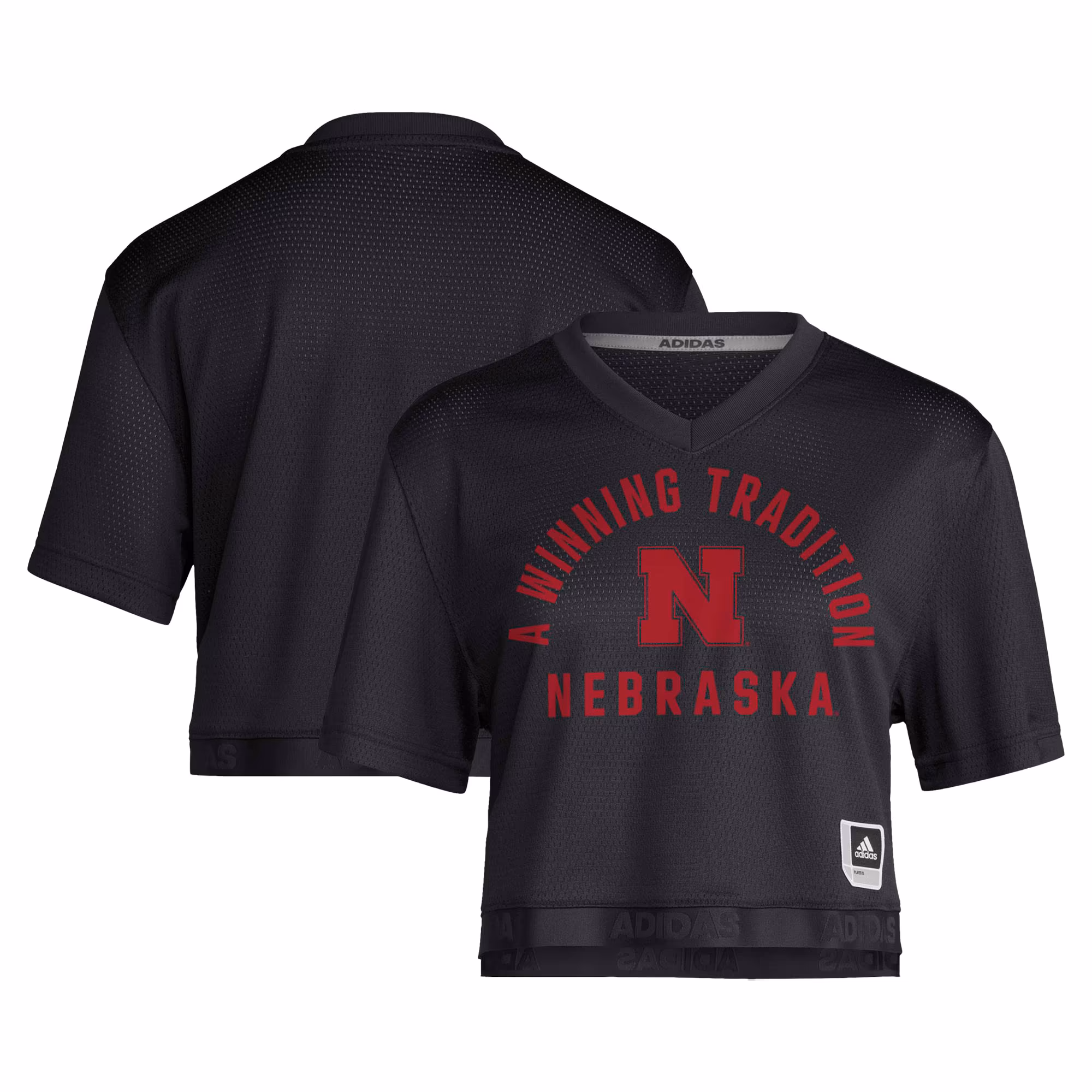 Women's adidas Black Nebraska Huskers Strategy Cropped Football Jersey - U-jersey