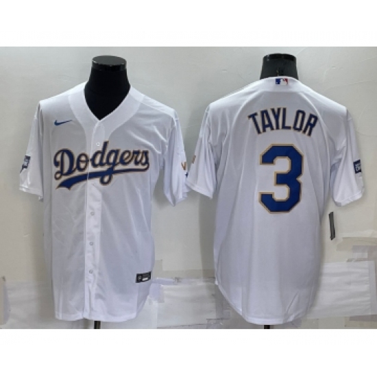 Men's Los Angeles Dodgers #3 Chris Taylor White Gold Championship Stitched MLB Cool Base Nike Jersey - Ujersey