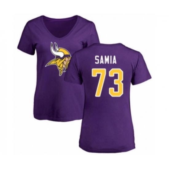 Football Women's Minnesota Vikings #73 Dru Samia Purple Name & Number Logo Slim Fit T-Shirt - Ujersey