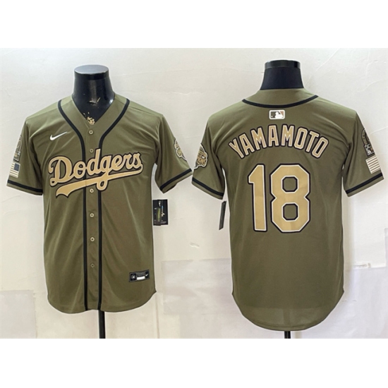Men's Los Angeles Dodgers #18 Yoshinobu Yamamoto Olive 2026 Armed Forces Day Stitched Baseball Jersey - Ujersey