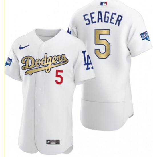 Men's Los Angeles Dodgers #5 Corey Seager Olive Gold 2020 World Series Champions Authentic Jersey - Ujersey