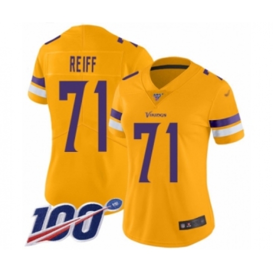 Women's Minnesota Vikings #71 Riley Reiff Limited Gold Inverted Legend 100th Season Football Jersey - Ujersey