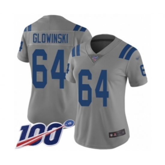 Women's Indianapolis Colts #64 Mark Glowinski Limited Gray Inverted Legend 100th Season Football Jersey - Ujersey