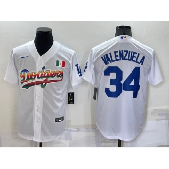 Men's Los Angeles Dodgers #34 Fernando Valenzuela Rainbow White Mexico Cool Base Nike Jersey - Ujersey