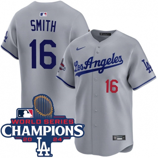 Men's Los Angeles Dodgers #16 Will Smith Gray 2024 World Series Champions Limited Stitched Baseball Jersey - Ujersey