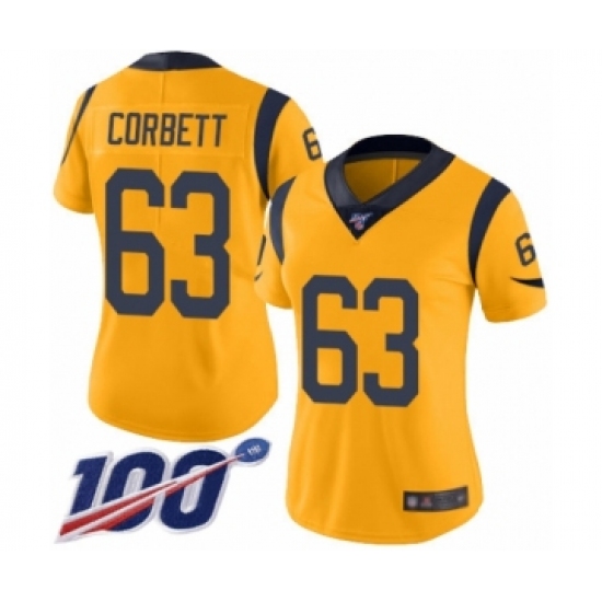 Women's Los Angeles Rams #63 Austin Corbett Limited Gold Rush Vapor Untouchable 100th Season Football Jersey - Ujersey