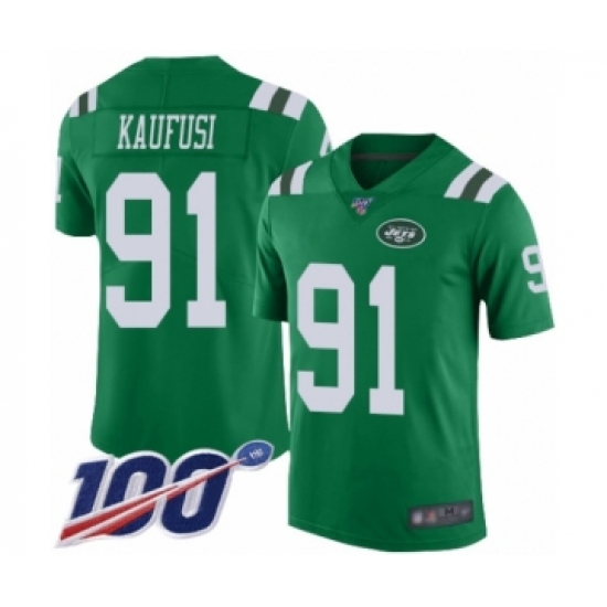 Men's New York Jets #91 Bronson Kaufusi Limited Green Rush Vapor Untouchable 100th Season Football Jersey - Ujersey