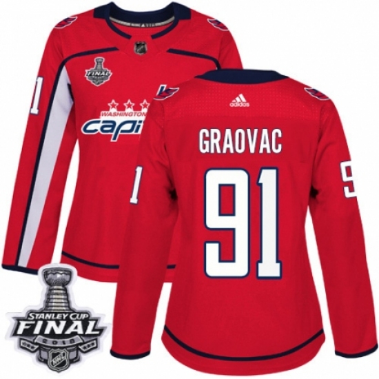 Women's Adidas Washington Capitals #91 Tyler Graovac Authentic Red Home 2018 Stanley Cup Final NHL Jersey - Ujersey