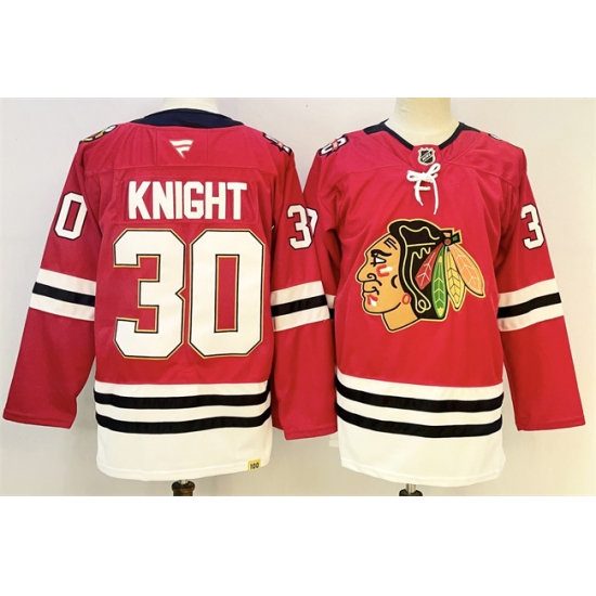 Men's Chicago Blackhawks #30 Spencer Knight Red 2025 Home 100th Anniversary Stitched Hockey Jersey - Ujersey