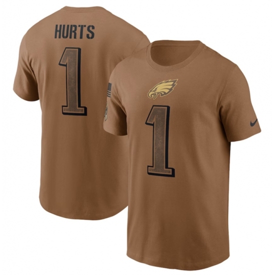 Men's Philadelphia Eagles #1 Jalen Hurts 2023 Brown Salute To Service T Shirt - Ujersey